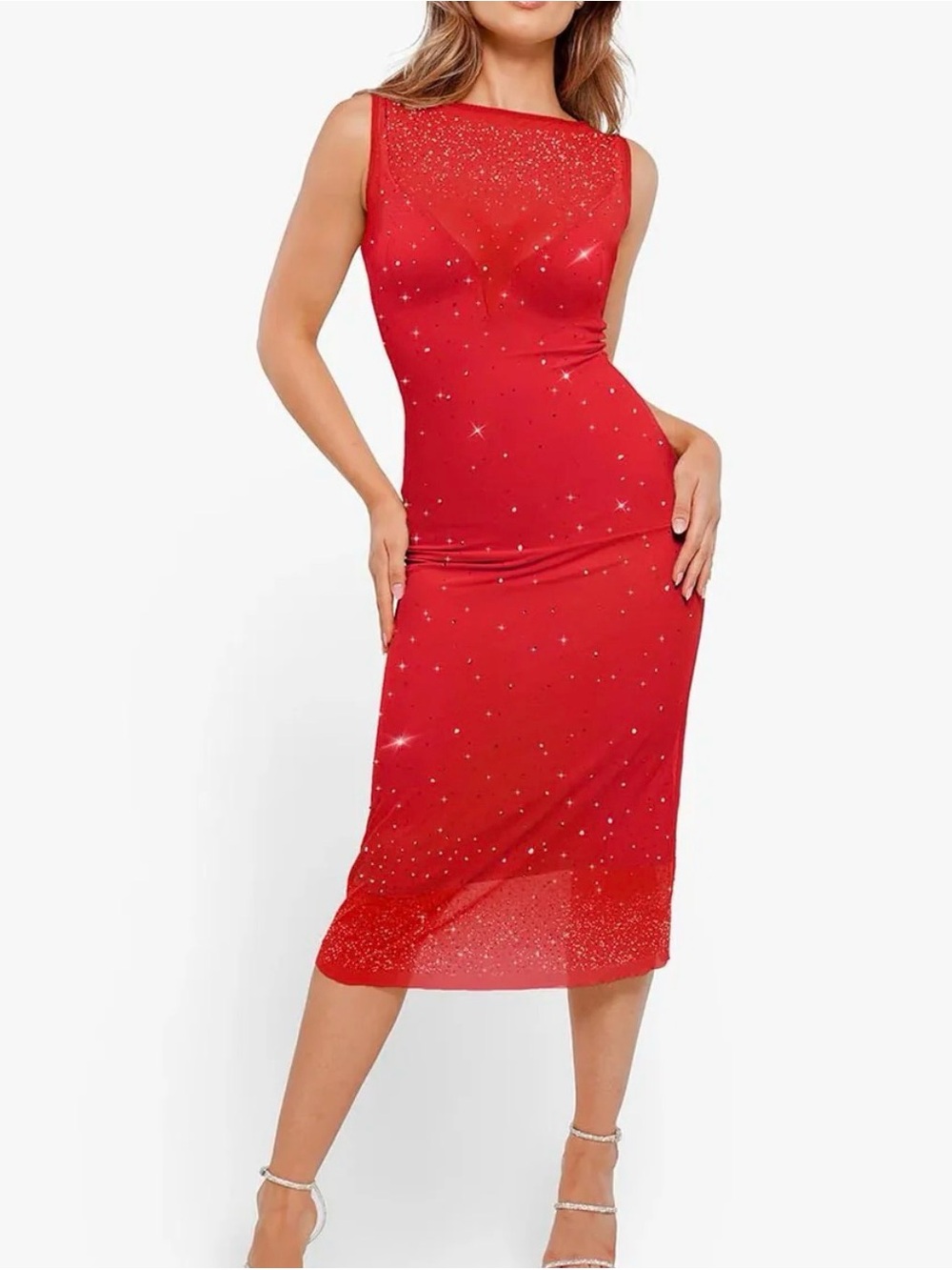 Popilush Red Sleeveless Midi Dress with Sparkle Detail 2pcs size XL NEW